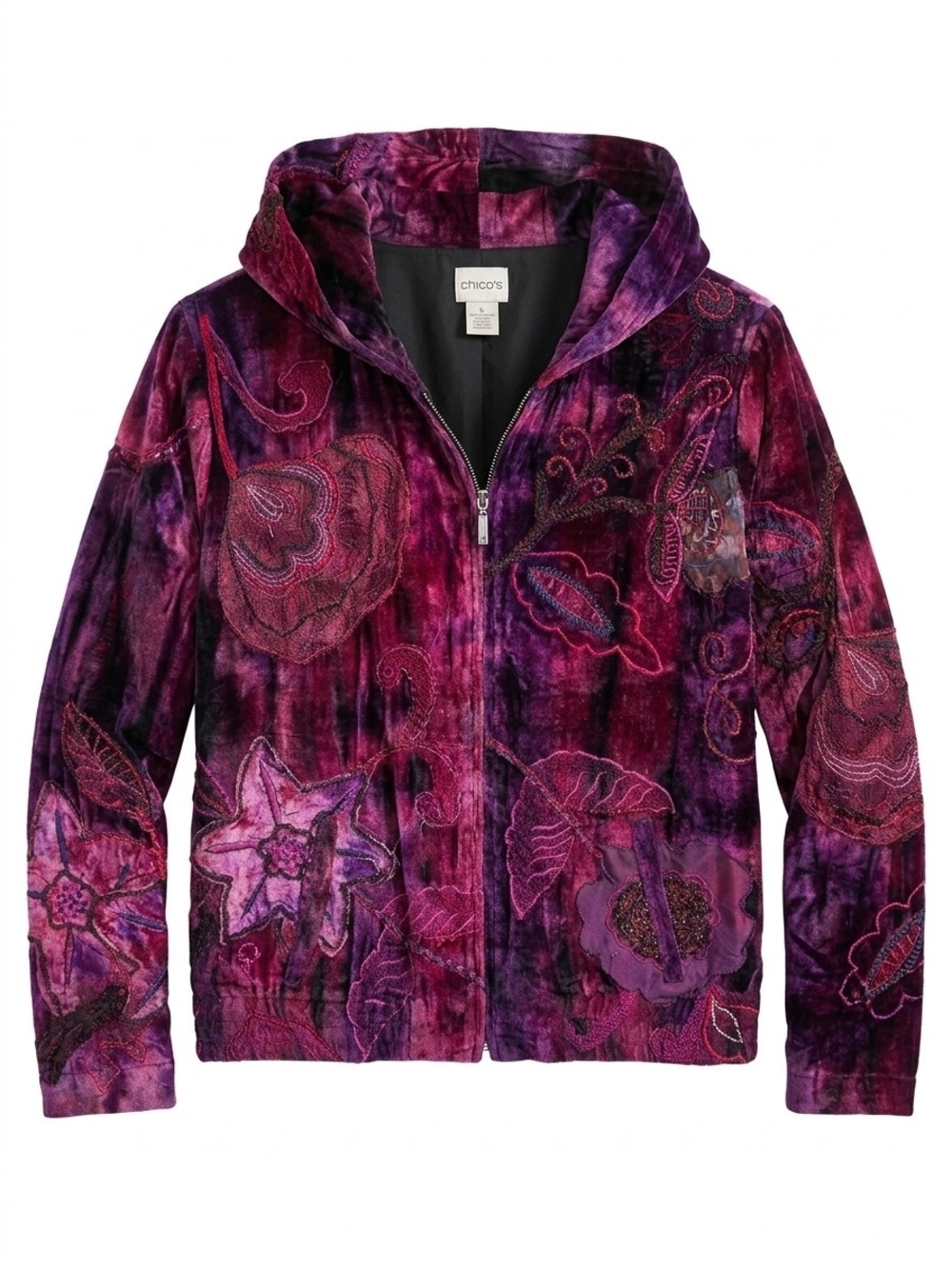 Chico's Purple Floral Velvet Hoodie Jacket